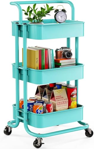Pipishell Metal 3 Tier Rolling Cart with Handle & Wheels, Turquoise - color: Turquoise, size: 3-Tier