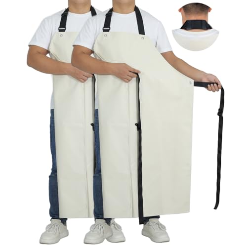 Thick Rubber Apron, Waterproof Apron Butcher Heavy Duty Chemical Resistant Adjustable Work Apron - color: White(2 Pack)