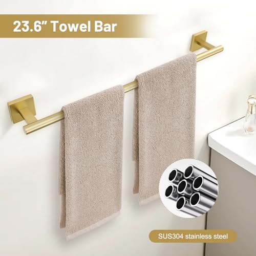 TURS Brushed Gold 5 Piece Bathroom Hardware Accessories Set, SUS304 Stainless Steel Bath Towel Bar Set, 24 Inch Round Bathroom Towel Holder Set Wall Mounted - color: Brushed Gold, size: 5-Pieces Set-A