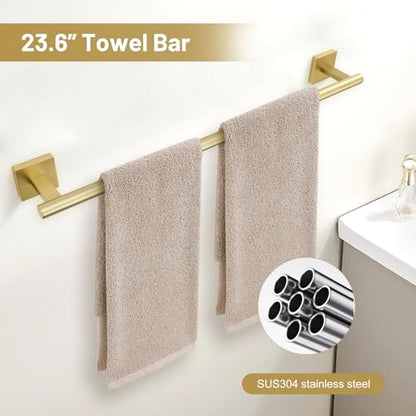 TURS Brushed Gold 5 Piece Bathroom Hardware Accessories Set, SUS304 Stainless Steel Bath Towel Bar Set, 24 Inch Round Bathroom Towel Holder Set Wall Mounted - color: Brushed Gold, size: 5-Pieces Set-A