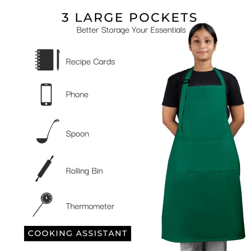 RAJRANG 100% Cotton Cooking Apron with 3 Pockets Kitchen Chef BBQ Adjustable Bib Aprons for Women Men - color: Tidepool Green