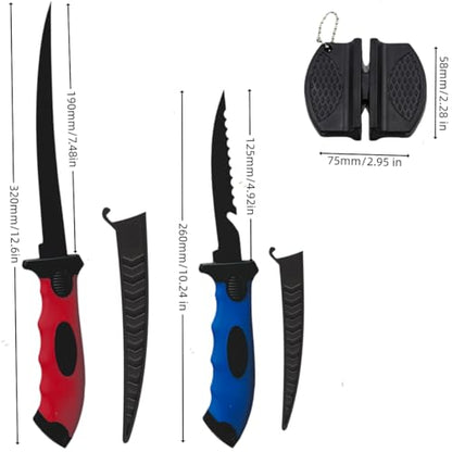 Fishing Knife Set, Fish Cleaning Kit, Filet Knife for Fish, Fish Scale Cleaning Brush, Multi-Functional Scissors, Gloves, Fishbone Tweezers, Storage Bag,Fishing Accessories,Fishing Tool Kit - size: 2PCS-Red&Blue