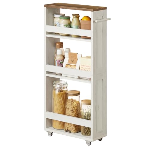VASAGLE 4-Tier Slide-Out Storage Cart, Slim Kitchen Cart with Wheels - color: Rustic White + Honey Brown, size: 5.9"D