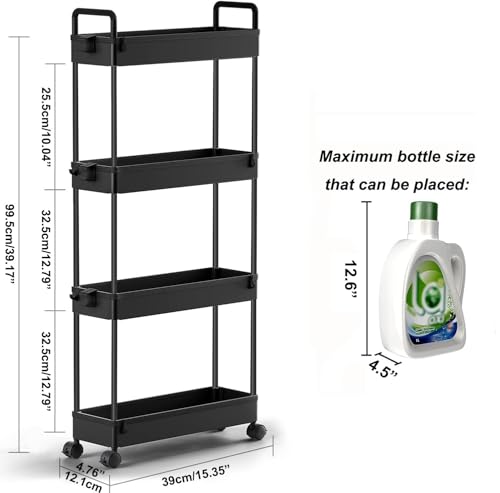 SOLEJAZZ Slim Rolling Storage Cart Skinny Bathroom Organizer, 4 Tier, Black - color: Black, size: 4-Tier, 4.76"D