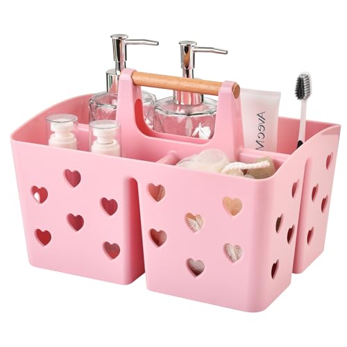 Pink Portable Shower Caddy, Plastic Basket Organizer with Wooden Handle - color: Pink