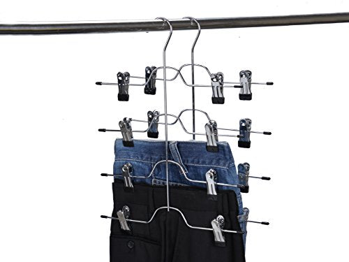 5 Quality 4-Tier Pant Skirt Trouser Hangers Heavy Duty Metal and Clips, Great for Slacks, Trousers, Jeans, Towels (5)
