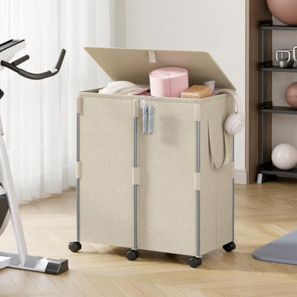 140L Double Laundry Hamper with Lid and 6 Wheels, Rolling Laundry Basket - color: Beige, size: 140l(24.8"l X 14.2"w X 26"h)
