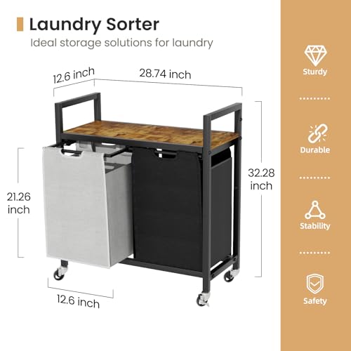 SwaaVee Laundry Sorter, Laundry Hamper with Wooden Top Shelf, 2×14.5Gal(110L), Metal Frame laundry basket with wheels, Pull out and Removable Laundry Bags, 2 Bags-Black Grey - color: Black-Grey