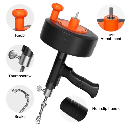 25FT Plumbing Drain Auger Snake, Multi-use Drain Cleaner & Pipe Hair Removal Tool, Drill Powered & Manual Type with Drill Adapter and Gloves for Sink, Shower Drain, Bathtub, Kitchen Sink