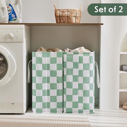 Ohocut Checkered Laundry Hamper, Pack of 2, Sage Green Aesthetic Cute Large Collapsible Cloth Hampers Basket for Storage Organization Cute Aesthetic, 2 x 75L - color: Green