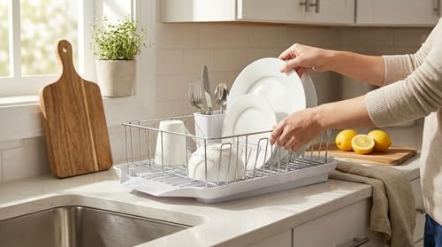 Farberware Classic Large Rust Resistant Full Dishrack with Removable 3 Compartment Flatware Caddy, Andlged Drain Board, 3-Piece, White - color: White