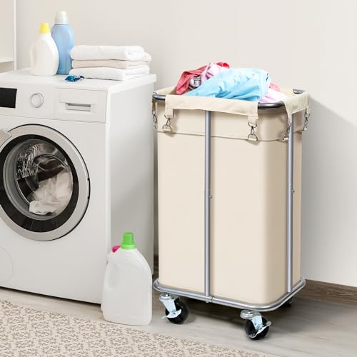 100L Rolling Laundry Hamper Basket with Wheels for Bedroom, Beige - color: Cream