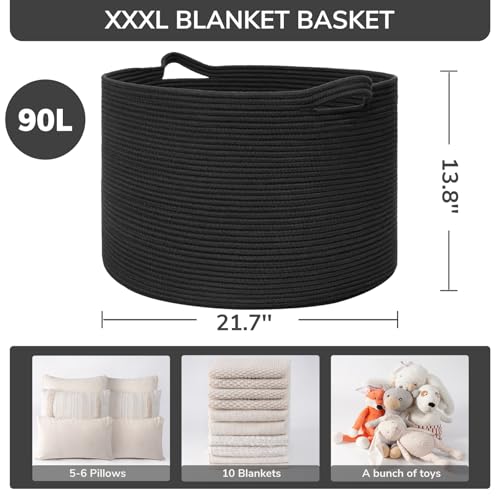 INDRESSME XXXLarge Woven Rope Blanket Basket Living Room Black, 90L - color: Black, size: 21.7"D x 13.8"H