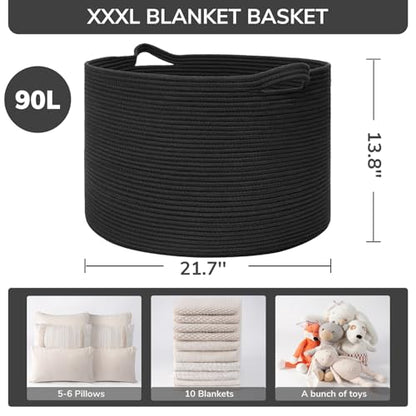 INDRESSME XXXLarge Woven Rope Blanket Basket Living Room Black, 90L - color: Black, size: 21.7"D x 13.8"H