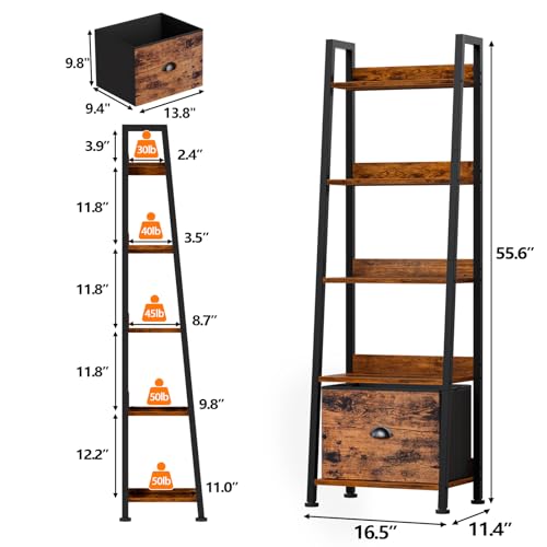 Furologee Ladder Shelf, 5 Tier Bookshelf with Fabric Drawer, Rustic Brown - color: Rustic Brown, size: 5-Tier, 15" W