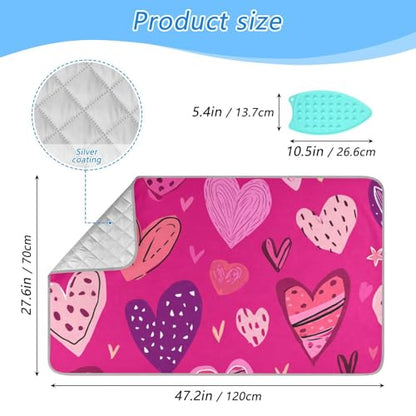 Hot Pink Doodle Hearts Stars Valentine Ironing Mat Portable Ironing Pad Blanket with Silicone Iron Rest for Table Top Travel Heat Resistant Double-Side Using Large 47x28 Inch Foldable - color: Hot Pink Doodle Hearts Stars