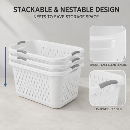 2.7 Bushel Plastic Laundry Basket with Handles Space Saving Laundry Hamper, White