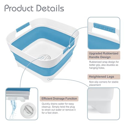 Collapsible Dish Basin with Drain Plug, 2.4 Gal 9L Foldable Wash Basin, Portable Sink Tub for Kitchen, Baby Bottles, Camping, RV, Vegetable Washing and Beverage Tub, Blue - color: Blue