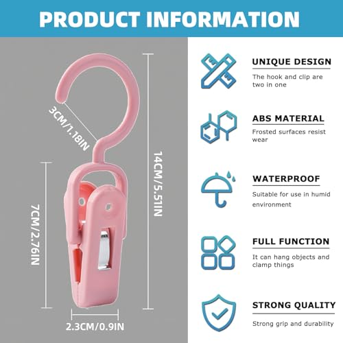 10PCS Laundry Hooks with Clips Super Strong Plastic Home Travel Hanger - color: Pink