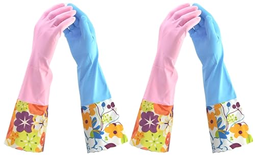 G & F Reusable Household Cleaning Gloves, Cotton-Lined Latex Rubber Dishwashing Gloves, Non-Slip Waterproof Kitchen & Bathroom Gloves for Washing Dishes, Scrubbing, Mopping & Household Chores - color: Pink/Blue, size: Small (Pack of 4)