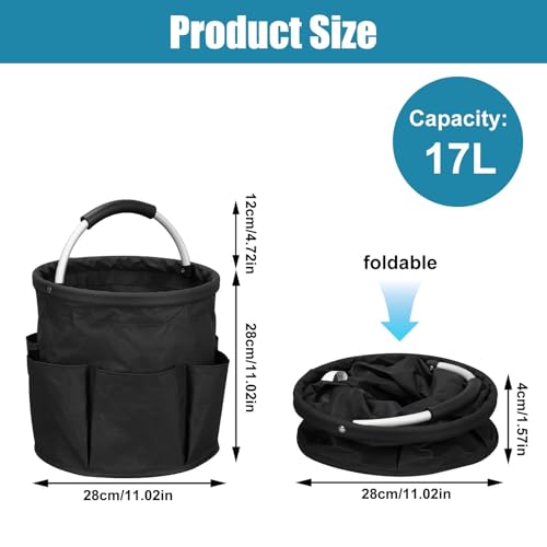 17L Foldable Cleaning Caddy with Handle - Portable Duty Tool Bag Cleaning Supply Organizer, Multi-Compartment Cleaning Bucket Storage Basket for Home Kitchen Bathroom (Black) - color: Black