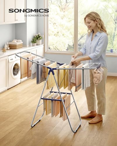 SONGMICS Clothes Drying Rack, Foldable Metal Airer, 17 x 51.2 x 39 Inches - color: Blue, size: 51.2"W x 39"/44.9"H