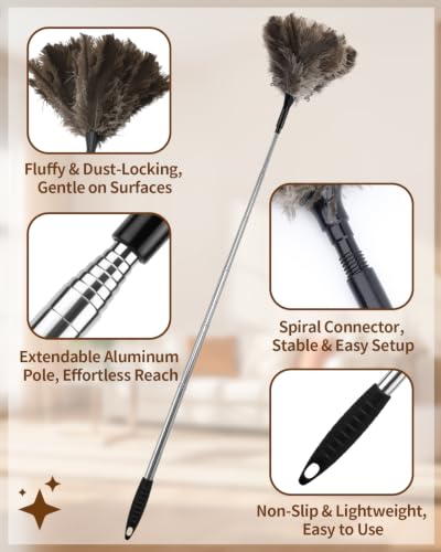 Ostrich Feather Duster, 18-48 Inch Extendable Feather Duster with Natural Fluffy Ostrich Feathers, Dusters for Cleaning Ceiling Fans, Blinds, High Ceilings, Furniture, Cars, Washable & Reusable - color: Ostrich Feather Color