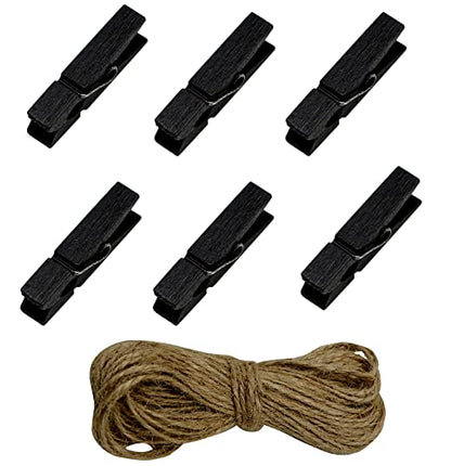Wooden Clothes Pins, 100pcs 1.3Inch (3.5cm) Black Small Wooden Chip Clips with 33 Feet Jute Twine for Bag Clips Clothespin Bag Clothes Pin Heavy Duty Outdoor(Black) - color: Black