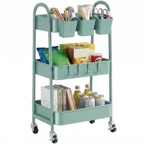 danpinera 3-Tier Rolling Cart, Utility Cart Mobile Metal Rolling Storage Cart with Lockable Wheels & Hanging Cups & Hooks for Kitchen, Bathroom, Office, Workshop, Green - color: Green, size: 3 tier