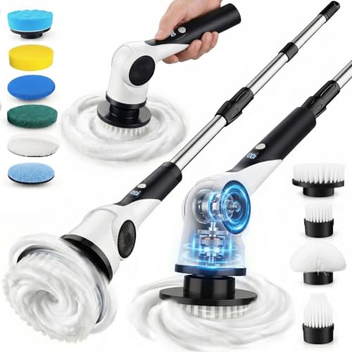 Electric Spin Scrubber, 3-Speed Shower Scrubber with Long Handle & 10 Replaceable Brush Heads, Cordless Shower Cleaner Brush with 90 Mins Runtime & Full-Body IPX7 Waterproof for Bathroom Kitchen
