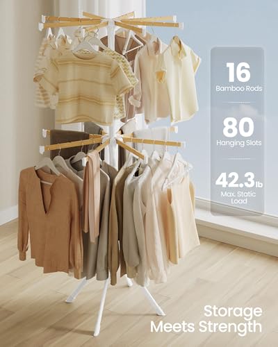 SONGMICS Clothes Drying Rack, Foldable Steel Airer, Bamboo Hanging Rods - size: 2 Tier