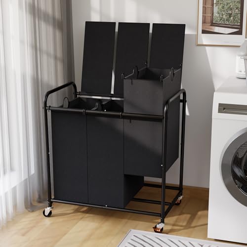 180L Laundry Sorter 3 Section with Lockable Wheels and Lid Black - color: Black-3 Sec, size: 47.55Gal