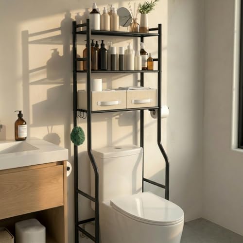 GloTika 3-Tier Over Toilet Storage, Anti-Tilt, 64" H, Black, 2 Baskets - color: Black-with 2 Basket, size: 3-Tier