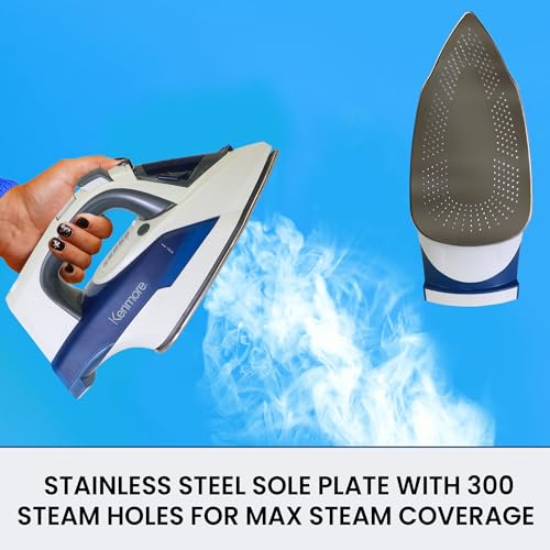 Kenmore Steam Iron for Clothes – Plancha de Ropa with Vertical Garment Steamer, Stainless Steel Soleplate, 9 Fabric Presets, 1725W, Auto Shut Off & 3- way Anti-Drip, La plancha de vapor