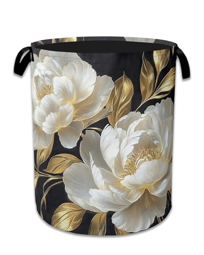 White Flowers Laundry Hamper With Handle,Foldable Oxford Cloth Glitter Blooming Laundry Basket,20.8"x16" Clothes Storage Basket for Laundry Room/Bedroom/Bathroom - color: White Flowers Glitter Blooming