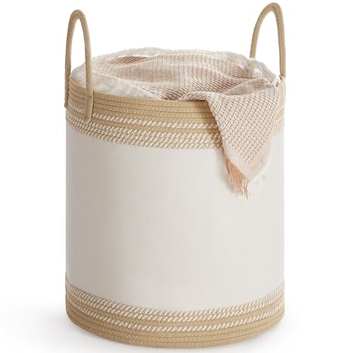SONGMICS Laundry Hamper, Cotton Rope Basket with Handles, 23.8 Gallons - color: Cloud White + Camel Brown, size: 60 L