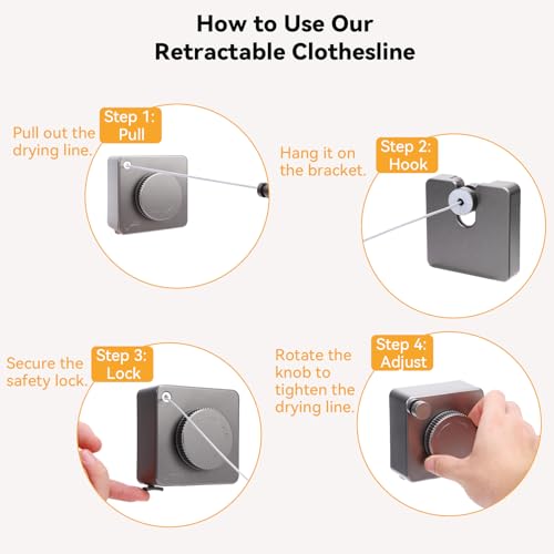Retractable Wall-Mounted Indoor Clothesline, Stainless Steel Retractable Dryer Clothesline Convenient Non-Sagging ABS Drying Rope for Laundry Room Balcony Bathroom, 20kg Weight