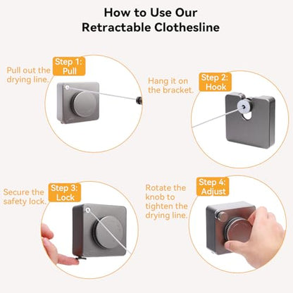 Retractable Wall-Mounted Indoor Clothesline, Stainless Steel Retractable Dryer Clothesline Convenient Non-Sagging ABS Drying Rope for Laundry Room Balcony Bathroom, 20kg Weight