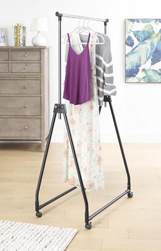 Whitmor Folding Garment Rack - Rolling Clothes Hanger - Adjustable Height - Black - color: 22 x 34.75 x 66.25 inch - Black & Silver