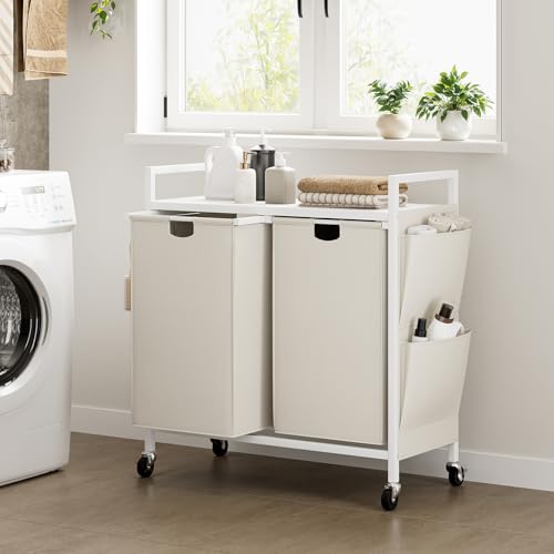 WOWLIVE Double Laundry Hamper with Wheels, Rolling Laundry Basket Organizer - color: White, size: 110l (30.0 x 13 x 32 Inches)