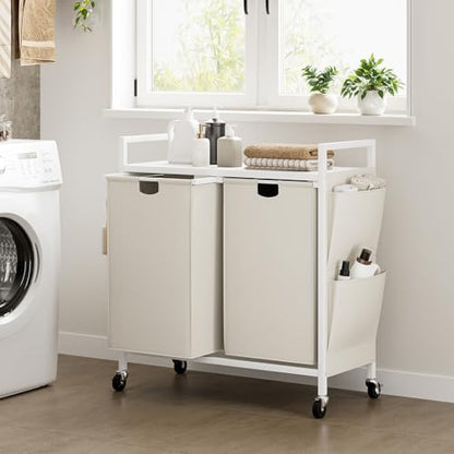 WOWLIVE Double Laundry Hamper with Wheels, Rolling Laundry Basket Organizer - color: White, size: 110l (30.0 x 13 x 32 Inches)