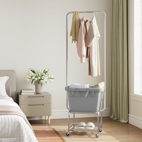 ELYKEN Rolling Laundry Cart with Hanging Rack, Laundry Hamper with Shelf