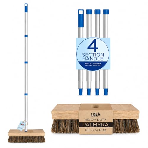 LOLA Deck Scrub Brush, 9" x 3.5" Head w/Palmyra Bristles for Outdoor Cleaning, Removes Dirt & Grime from Patios, Decks, Grout, 1 Count - color: Palmyra Deck Broom -Steel Handle, size: 1 Count