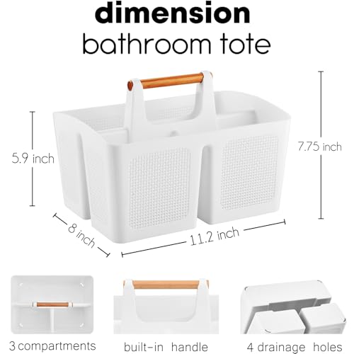 ALINK Portable Shower Caddy Basket with Compartments, Plastic Divided Cleaning Caddy Organizer Storage Tote with Handle for Bathroom, College, Dorm Room Essentials, White - color: White