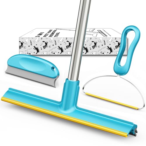 Carpet Rake for Pet Hair Removal (3 Pack), Dog Cat Fur Remover Rubber Broom, Stainless Steel Long Handle Lint Shaver Cleaner Tools, Scraper Brush for Carpet, Rug, Car Mat, Couch, Pet Bed - Light Blue - color: Light Blue