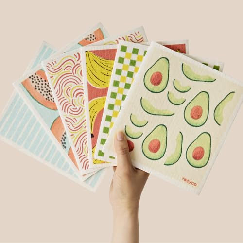 RECYCO Swedish Dishcloths for Kitchen | 6 Packs Fruit Joy Washable Dish Rags | Cellulose Reusable Cleaning Paper Towels | Absorbent Counter Dish Cloth Sponge Kitchen Wipes, 8" L x 7" W - color: Fruit Joy - 6 Pack