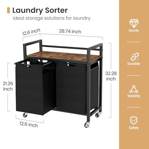 SwaaVee Laundry Sorter, Laundry Hamper with Wooden Top Shelf, 2×14.5Gal(110L), Metal Frame laundry basket with wheels, Pull out and Removable Laundry Bags, 2 Bags-Black - color: Black