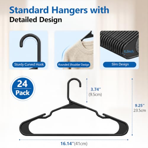 Black Plastic Hangers 24 Pack with Non-Slip Shoulder Grooves - color: Black, size: 24 Pack