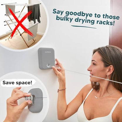 GorillaLine - Retractable Clothesline Indoor Outdoor Clothes Line - Heavy Duty Clothes Drying Laundry Line - Wall Mounted Drying Rack - Air Dry Clothing - color: Gray