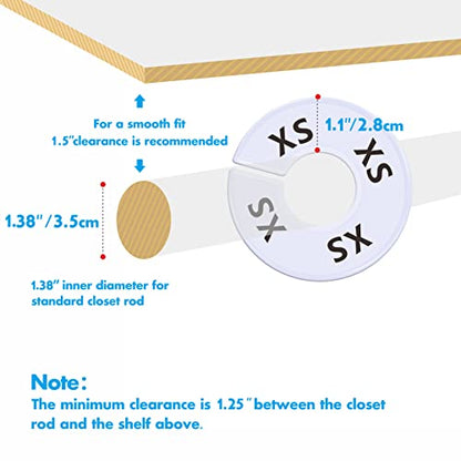 40 Pack Round White Plastic Clothing Size Closet Rack Dividers Hangers, Preprinted in 8 Sizes XXS, XS, S, M, L, XL, XXL, XXXL (Outer 3.5”, Inner Diameter 1.38”) - color: 40 Pack/White-printed